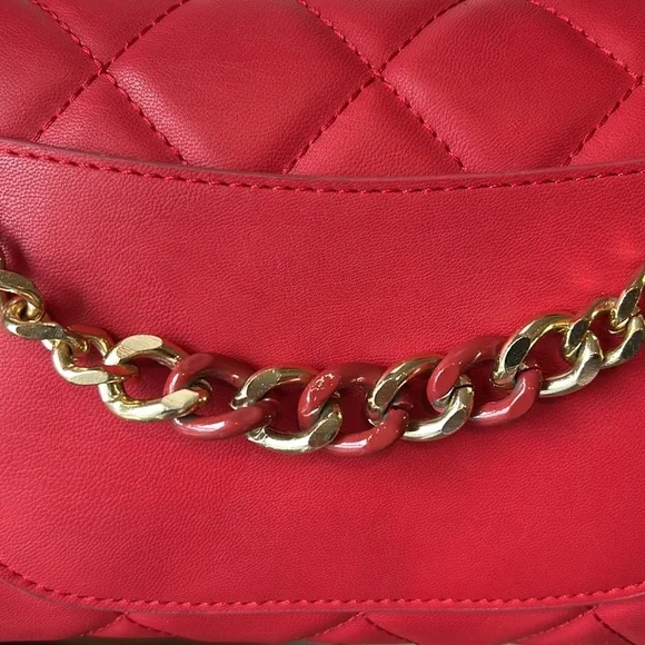 Badgley Mischka Red Quilted Shoulder Bag Clutch Gold Chain Studs Vegan Leather - Picture 6 of 10
